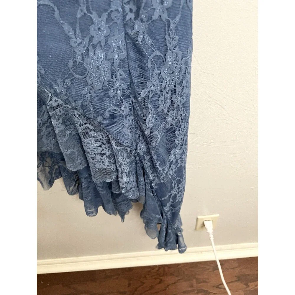 Vintage Y2K Thirty Thirty Dress S Blue Lace Fairycore Hi Low Ruffle Maxi Mesh